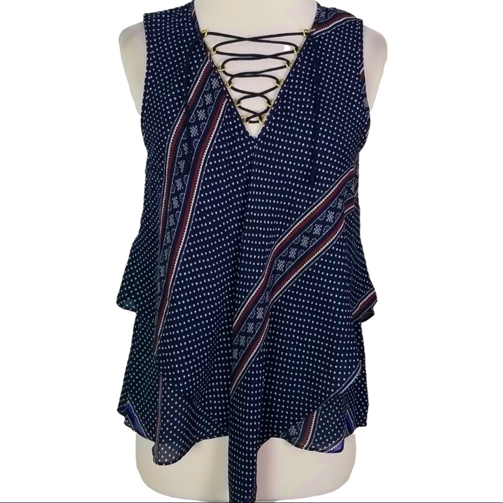 Derek Lam 10 Crosby size 4  lace up tank, blue & red ruffles & polka dots design